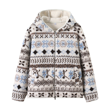 Női külső dzseki kapucnival, vastag mű báránygyapjú anyagból, patchwork színblokkokkal, cipzárral az elején, normál hossz, hosszú ujjú, laza japán-koreai stílus