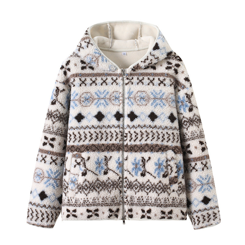 Női külső dzseki kapucnival, vastag mű báránygyapjú anyagból, patchwork színblokkokkal, cipzárral az elején, normál hossz, hosszú ujjú, laza japán-koreai stílus