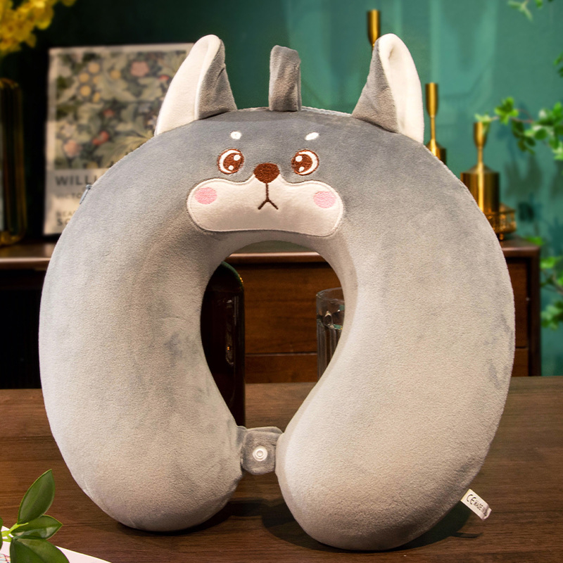 Pernă U pentru gât, cu umplutură din spumă memory, husă Crystal Velvet, stil desen animat, pentru adulți, potrivită pentru zbor cu avionul