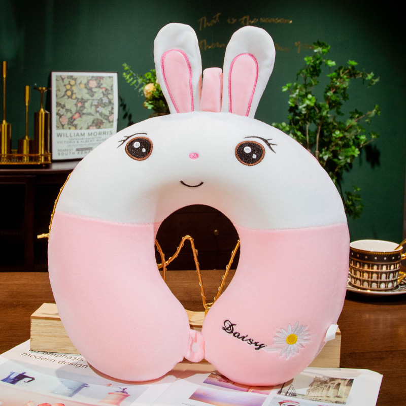 Pernă U pentru gât, cu umplutură din spumă memory, husă Crystal Velvet, stil desen animat, pentru adulți, potrivită pentru zbor cu avionul