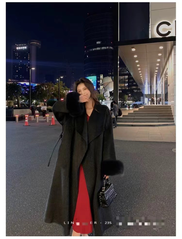 Ženski reverzibilni kašmirski kaput s odvojivim krznom lisice, dug, elegantan veliki ovratnik