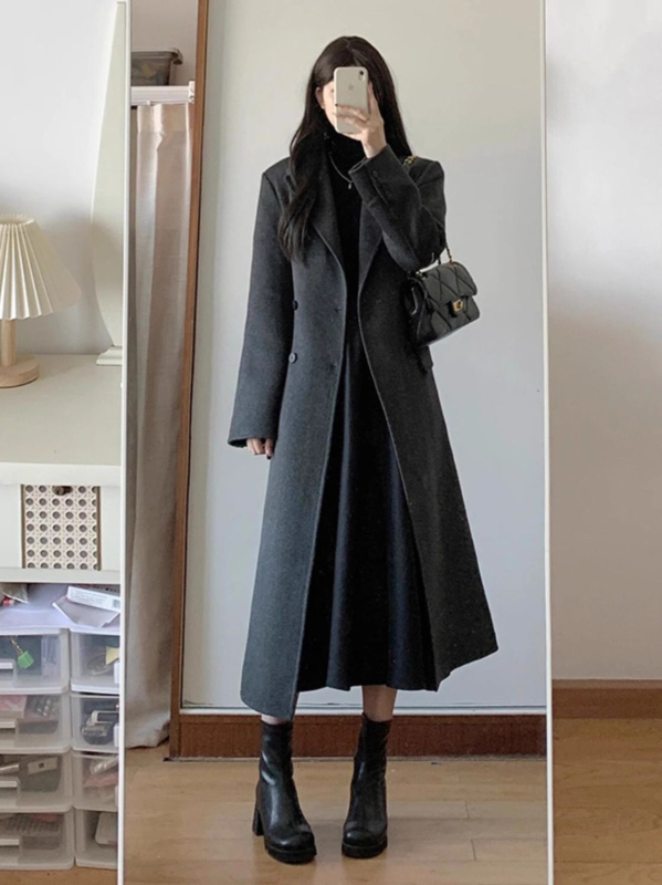 Дамско палто от полиестер, средна дължина, двойно закопчаване, право кроене, корейски стил