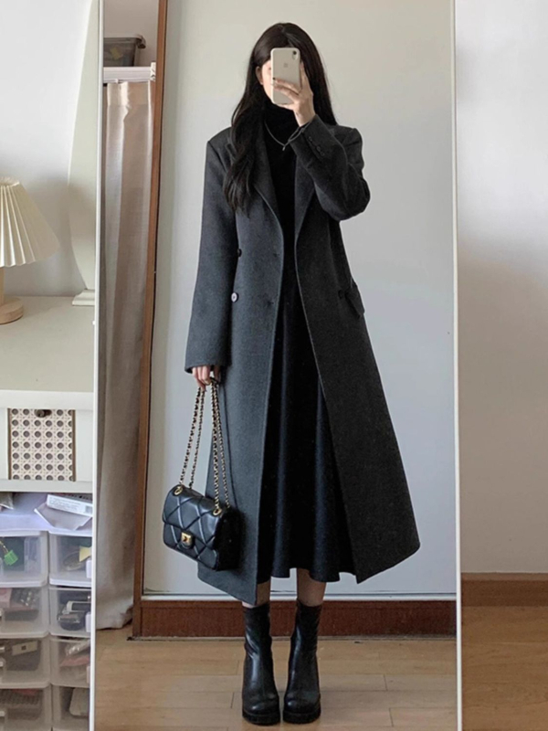 Дамско палто от полиестер, средна дължина, двойно закопчаване, право кроене, корейски стил