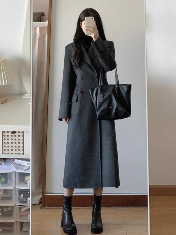 Дамско палто от полиестер, средна дължина, двойно закопчаване, право кроене, корейски стил