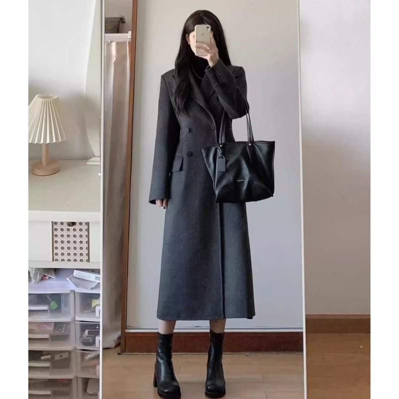 Дамско палто от полиестер, средна дължина, двойно закопчаване, право кроене, корейски стил