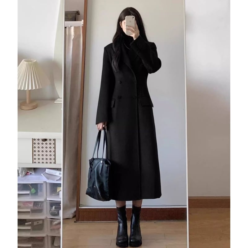 Дамско палто от полиестер, средна дължина, двойно закопчаване, право кроене, корейски стил