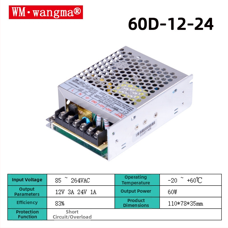 Wangma 120W dvojvýstupový spínaný zdroj, 12V/24V, vstup 85–264VAC / 120–370VDC