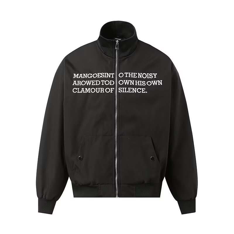 Američka retro bomber jakna s izvezenim slovima i stojećim ovratnikom, unisex, nišni dizajn, svestrana vanjska odjeća