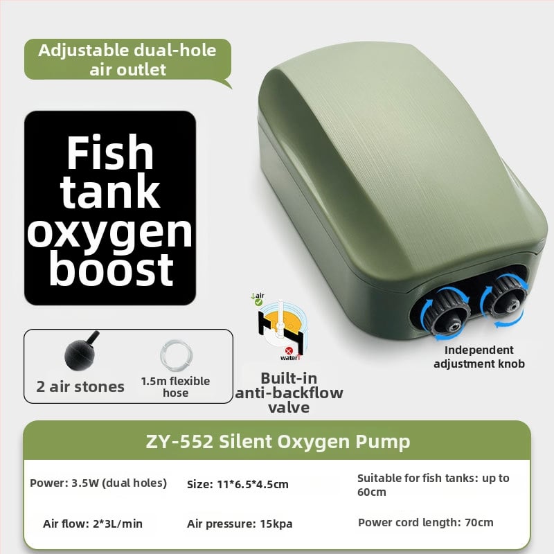 Αντλία οξυγόνου για ενυδρείο, ήσυχη και συμπαγής, με διπλό ακροφύσιο και ρυθμιζόμενη ροή για οικιακό ενυδρείο