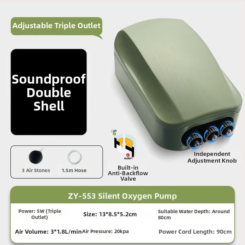 Αντλία οξυγόνου για ενυδρείο, ήσυχη και συμπαγής, με διπλό ακροφύσιο και ρυθμιζόμενη ροή για οικιακό ενυδρείο