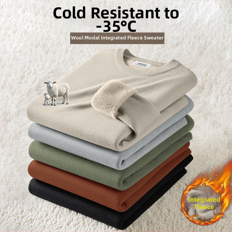 Ανδρικός πλεκτός πουλόβερ από μαλλί και modal, ζεστός με φλίς επένδυση, στρογγυλός λαιμός, μακριά μανίκια, αντιβακτηριακός και ανθεκτικός στο χρώμα.