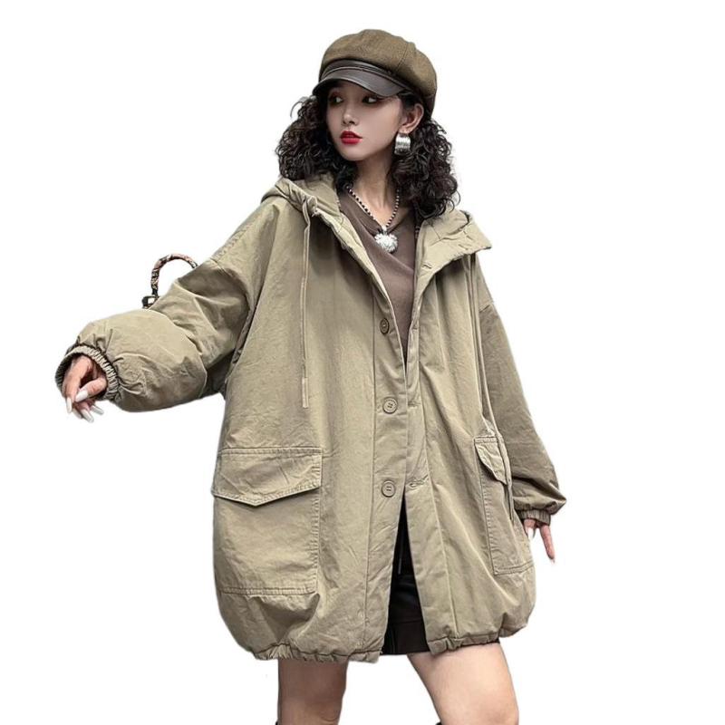 Ženski puffer kaput s kapuljačom od pamuka, retro stil, srednje duljine, dugi rukavi, zima 2025