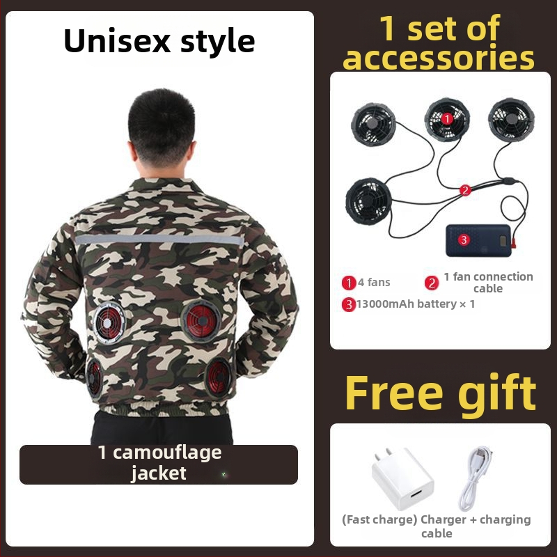 Geacă de lucru cu răcire prin patru ventilatoare, 100% poliester, camuflaj masculin, pentru șantiere, vara 2024