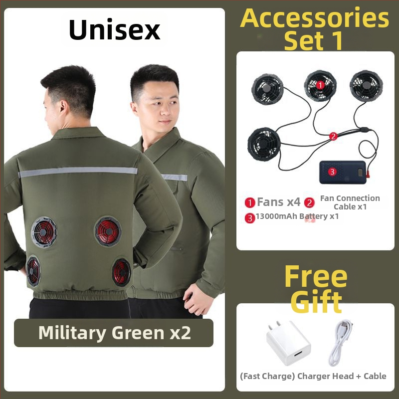 Geacă de lucru cu răcire prin patru ventilatoare, 100% poliester, camuflaj masculin, pentru șantiere, vara 2024