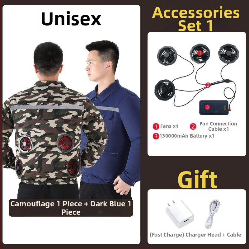 Geacă de lucru cu răcire prin patru ventilatoare, 100% poliester, camuflaj masculin, pentru șantiere, vara 2024