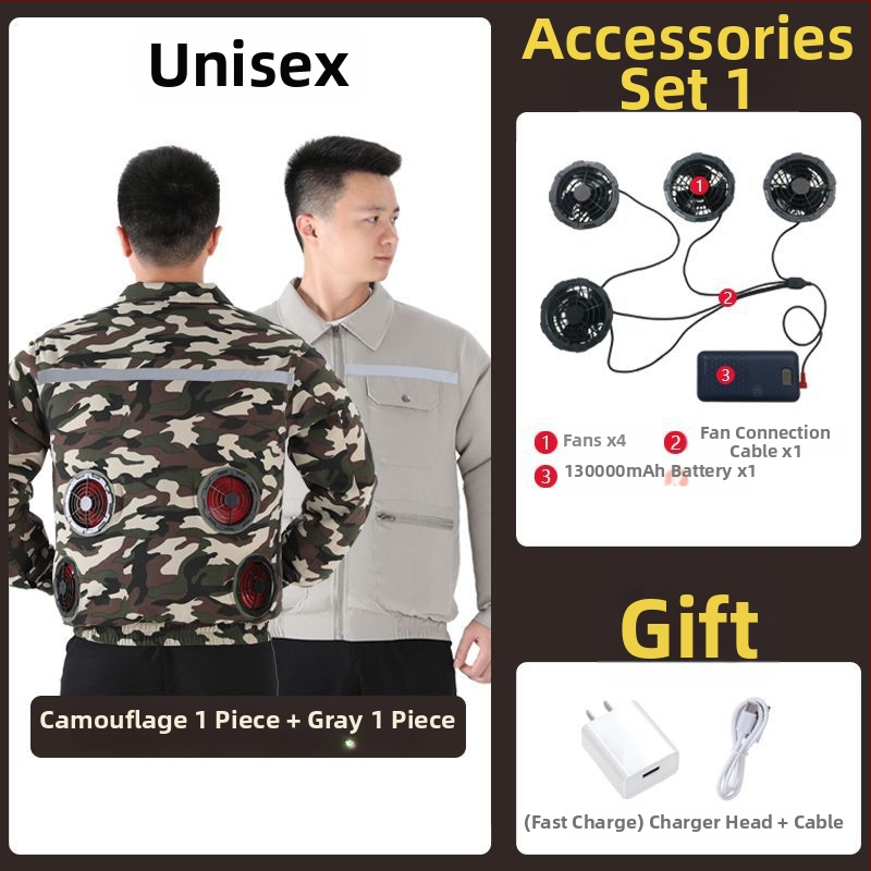 Geacă de lucru cu răcire prin patru ventilatoare, 100% poliester, camuflaj masculin, pentru șantiere, vara 2024