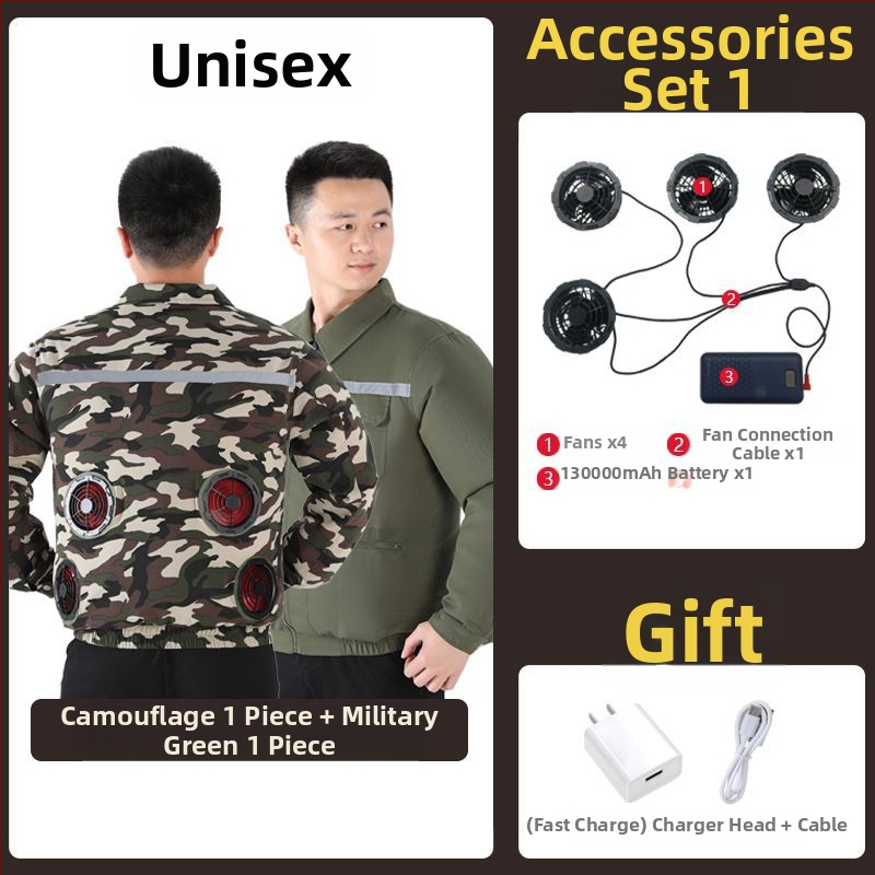 Geacă de lucru cu răcire prin patru ventilatoare, 100% poliester, camuflaj masculin, pentru șantiere, vara 2024