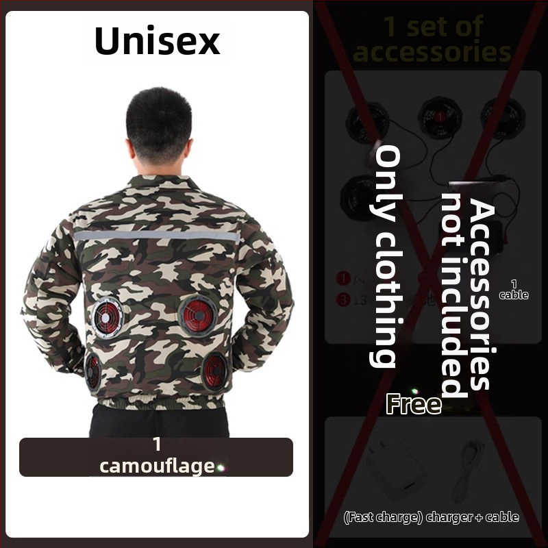 Geacă de lucru cu răcire prin patru ventilatoare, 100% poliester, camuflaj masculin, pentru șantiere, vara 2024