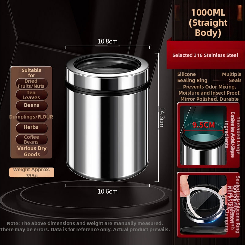 316 rozsdamentes acélból készült zárható tároló kávébabok és teák számára, kör alakú, 1–2 L, modern minimalista stílus, testreszabás elérhető