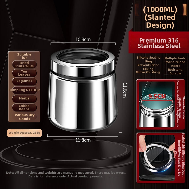 316 rozsdamentes acélból készült zárható tároló kávébabok és teák számára, kör alakú, 1–2 L, modern minimalista stílus, testreszabás elérhető