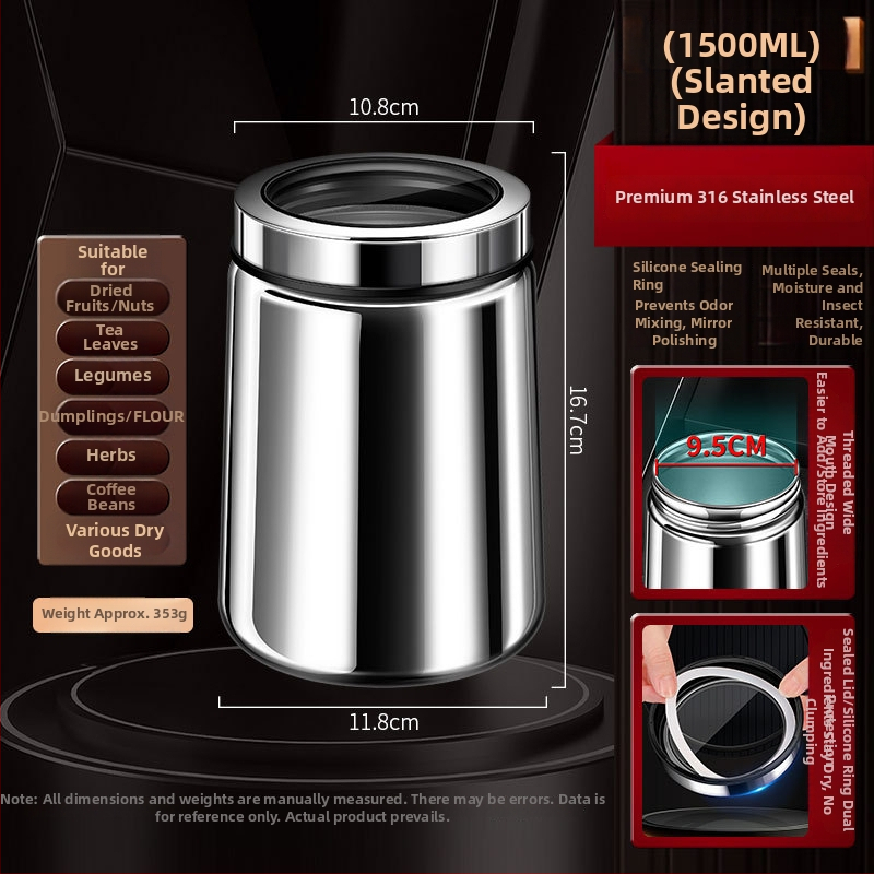 316 rozsdamentes acélból készült zárható tároló kávébabok és teák számára, kör alakú, 1–2 L, modern minimalista stílus, testreszabás elérhető