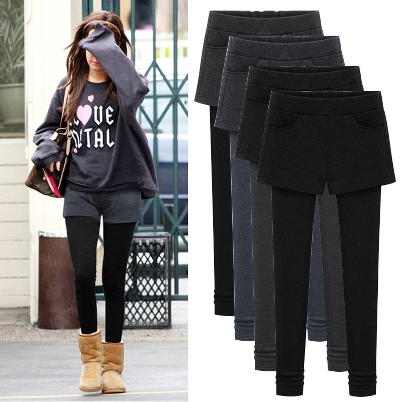 Hlače u stilu culottes s flisom, visokim strukom, debeli materijal, jednofarbe, podizanje bokova