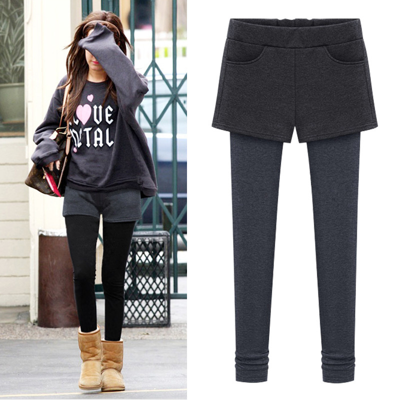 Hlače u stilu culottes s flisom, visokim strukom, debeli materijal, jednofarbe, podizanje bokova