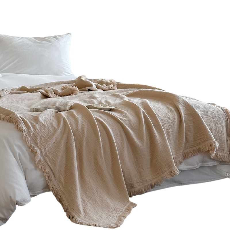 Βαμβακερή κουβέρτα καναπέ με φούντες, 260G, ελαφριά για καλοκαίρι, απλό σχέδιο, Σύρρικνωση 2–5%