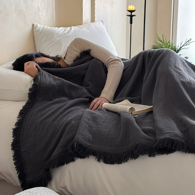 Βαμβακερή κουβέρτα καναπέ με φούντες, 260G, ελαφριά για καλοκαίρι, απλό σχέδιο, Σύρρικνωση 2–5%