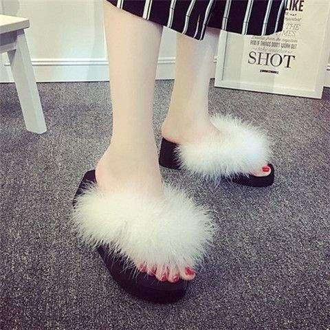 Ručno rađene ženske papuče s perima strusa, koreanski stil, platforma, EVA đon, gornji dio: Shih Tzu, ravni potplat, debljina potplata 0–3 cm