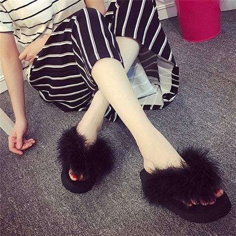 Ručno rađene ženske papuče s perima strusa, koreanski stil, platforma, EVA đon, gornji dio: Shih Tzu, ravni potplat, debljina potplata 0–3 cm