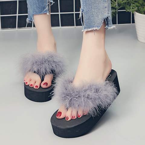 Ručno rađene ženske papuče s perima strusa, koreanski stil, platforma, EVA đon, gornji dio: Shih Tzu, ravni potplat, debljina potplata 0–3 cm