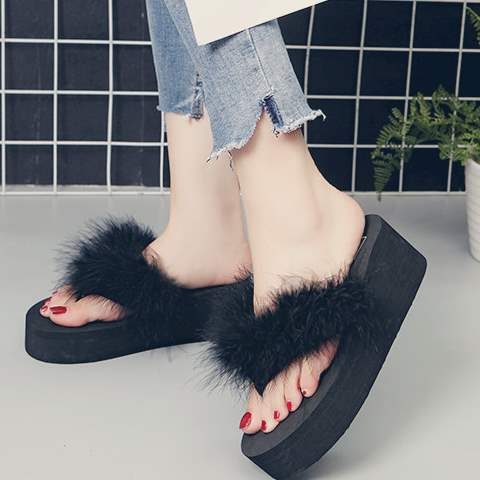Ručno rađene ženske papuče s perima strusa, koreanski stil, platforma, EVA đon, gornji dio: Shih Tzu, ravni potplat, debljina potplata 0–3 cm