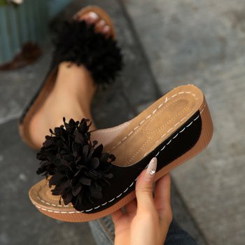 Cvjetne sandale na klinu s otvorenim prstom, gornji dio od platna, gumena potplat, ljetni stil euro-američki