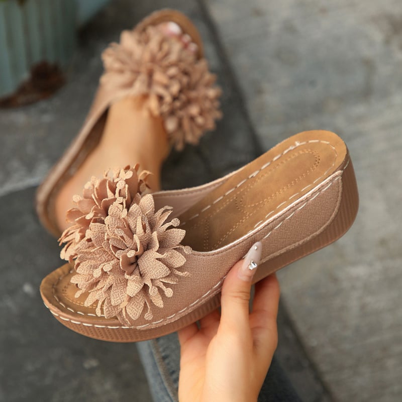 Cvjetne sandale na klinu s otvorenim prstom, gornji dio od platna, gumena potplat, ljetni stil euro-američki