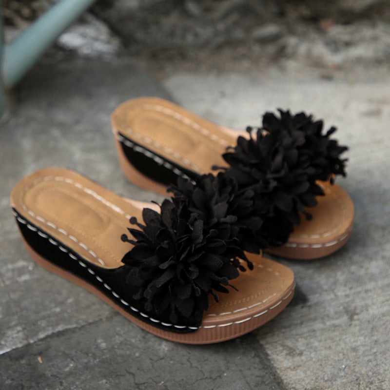 Cvjetne sandale na klinu s otvorenim prstom, gornji dio od platna, gumena potplat, ljetni stil euro-američki