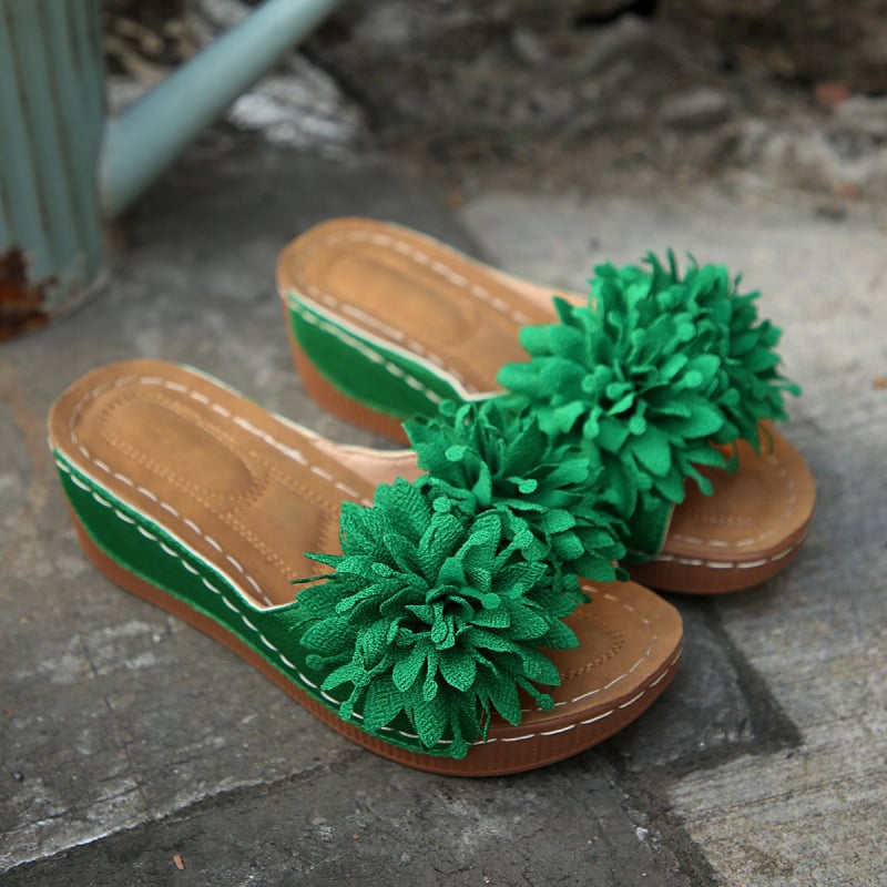 Cvjetne sandale na klinu s otvorenim prstom, gornji dio od platna, gumena potplat, ljetni stil euro-američki