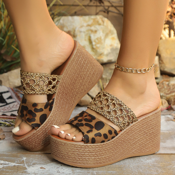 Leopard uzorak platform sandale za žene, gornji dio PU, unutarnji materijal PU, gumena potplata, okrugli vrh, ljeto 2024