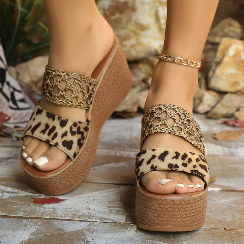 Leopard uzorak platform sandale za žene, gornji dio PU, unutarnji materijal PU, gumena potplata, okrugli vrh, ljeto 2024
