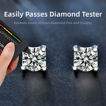 Обeци-щифтове с фигура на бик, морсанит, 1 карат, разрез 8 сърца и 8 стрелки, сребро 925