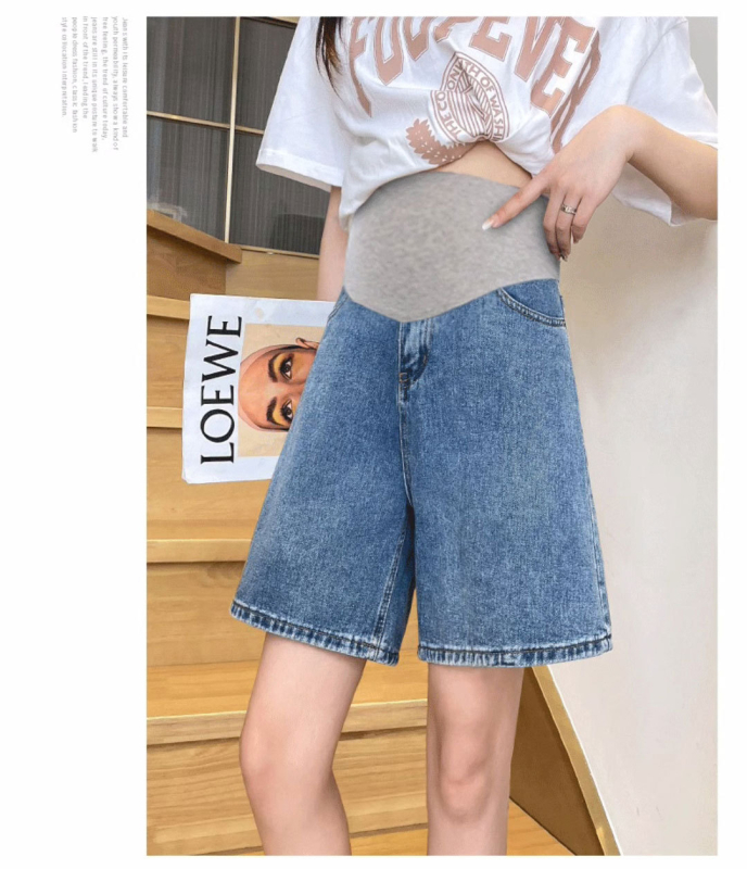 Trudničke traper kratke hlače - lagani denim, pamuk 70-80%, široki kroj, podrška trbuha