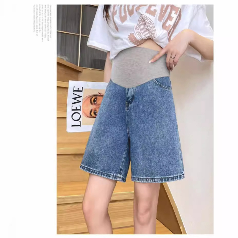 Trudničke traper kratke hlače - lagani denim, pamuk 70-80%, široki kroj, podrška trbuha