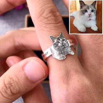 Gravirani prsten s fotografijom mačke i šteneta od titanskog čelika – otvoreni prsten, unisex nakit