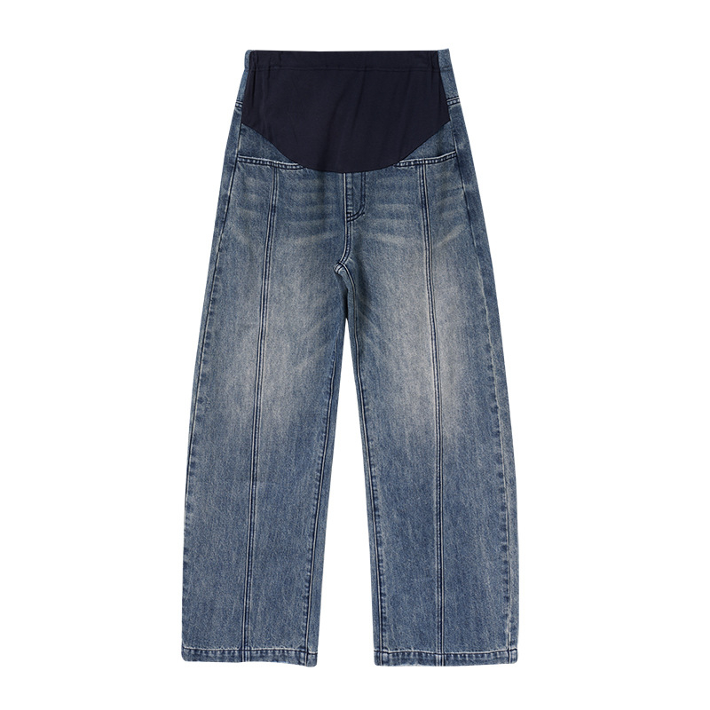 Trudničke traperice - retro podrška trbuhu, široka silueta, denim materijal, normalna debljina, mikro-elastičnost, jesen 2025.