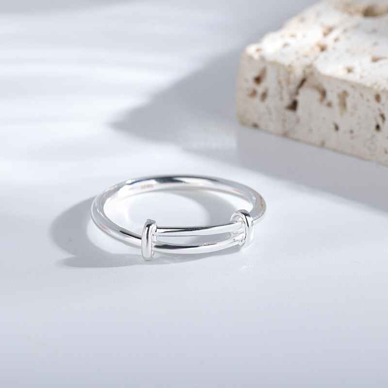 925-ös ezüst gyűrű, teleszkópos Push-Pull mechanizmus, állítható, uniszex, körkörös rúd dizájn