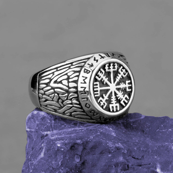 Prsten | Nordijski Viking kompas runa, titan čelik; muški originalni dizajn, geometrijski stil, polirani završetak