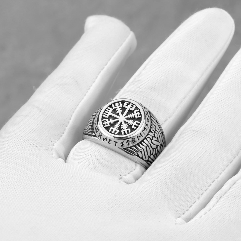 Prsten | Nordijski Viking kompas runa, titan čelik; muški originalni dizajn, geometrijski stil, polirani završetak