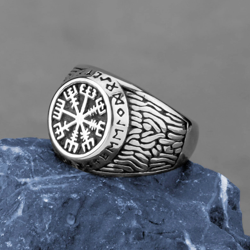 Prsten | Nordijski Viking kompas runa, titan čelik; muški originalni dizajn, geometrijski stil, polirani završetak