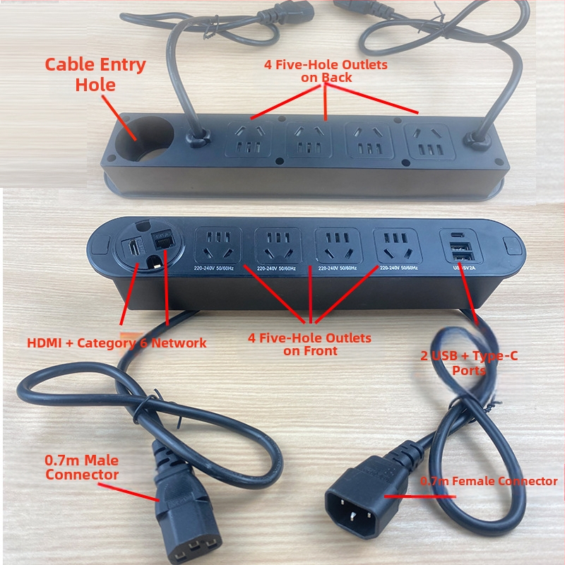 Qineng zabudovaný stolný rozbočovač s dvojstrannými zásuvkami, možnosť Daisy-chain, USB-A a USB-C porty