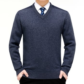 Ανδρικό πουλόβερ με V‑λαιμό, παχυσμένο μαλλί, ελεύθερη γραμμή, μακριά μανίκια, 30–35% μαλλί